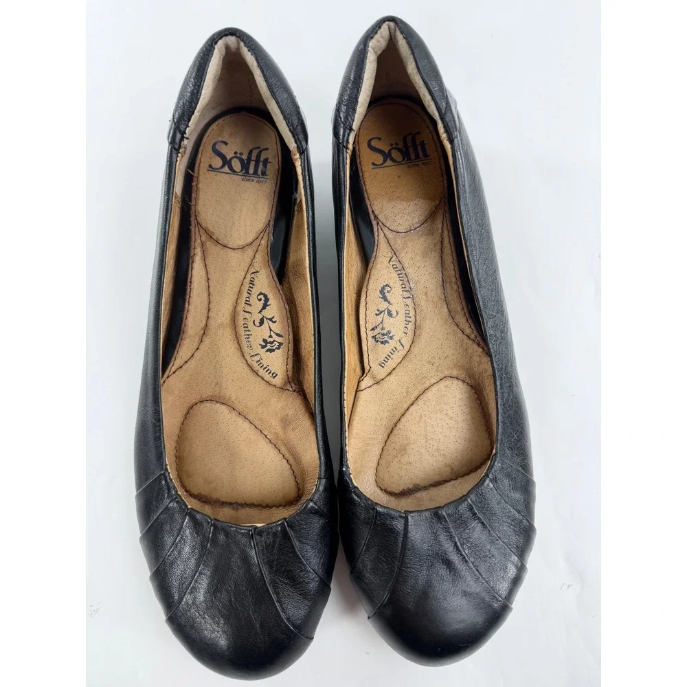 Sofft Womens Black Leather Pleated Round Toe Low Wedge Pump Shoes Size 8.5 M